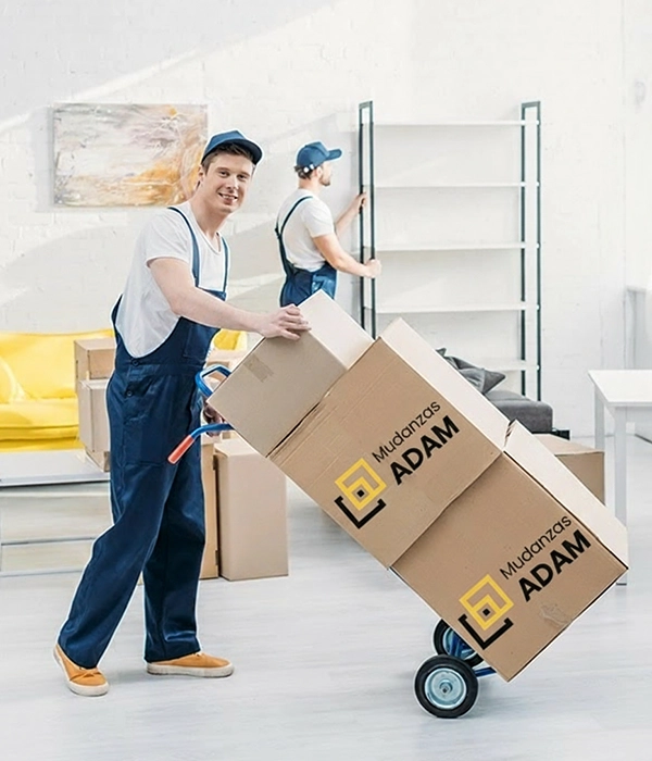 Dos operarios embalando y moviendo las cajas de una mudanza que van a realizar.